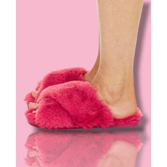 Flora Berry Rouge Super Soft Fuzzy Faux Fur Crossband Womens 7/8 House Slippers - Picture 15 of 16